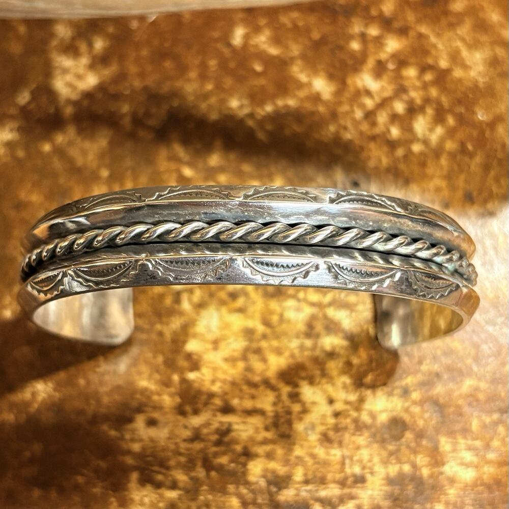 Sterling Silver Cuff Bracelet w/ Roped Center and Stamped Outer Edges Vintage